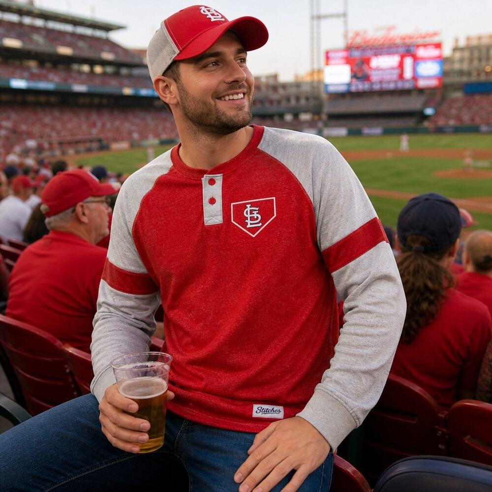 Stitches MLB St. Louis Cardinals Henley Mens 2XL Red Good Raglan Sweatshirt